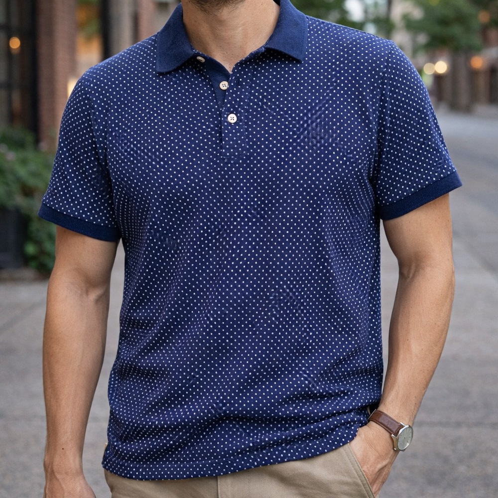 GUESS Geometric Polo Shirt Mens S‎ Navy Blue Slim Fit Short Sleeve Collared Top
